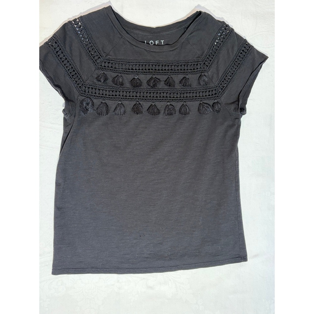LOFT Womens Small Black Tassel Crochet Lace Trim Short Sleeve Boho Slub Knit Top
